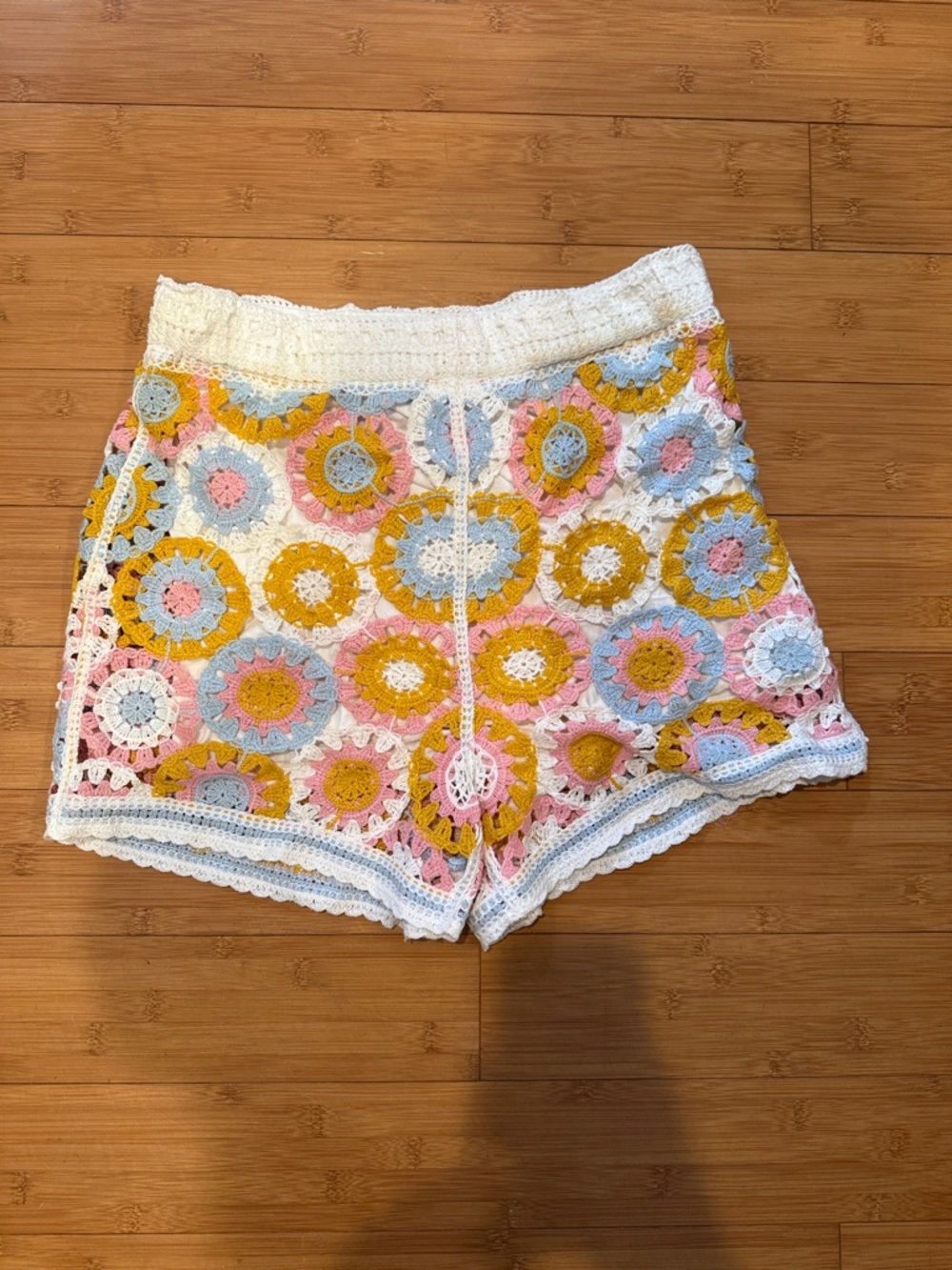 Sunday in Brooklyn White Crochet Shorts with Pink, Blue & Mustard Accents